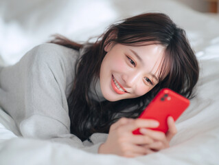 ベッドで赤いスマートフォンを見て明るい笑顔を見せる美しい若い女性のリラックスした瞬間