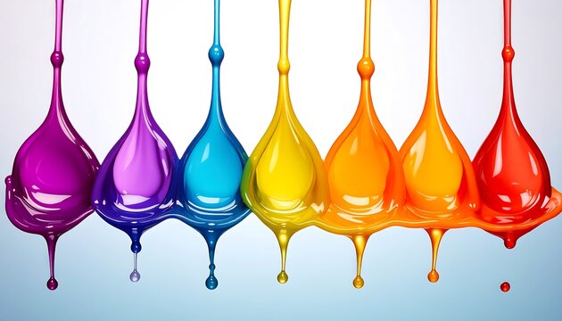 Rainbow of glossy viscous drops, vibrant hues dripping together against a bright, blurred background