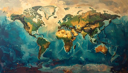 Painterly rendering of a world map with exaggerated topography and stylized oceans in blue and beige hues