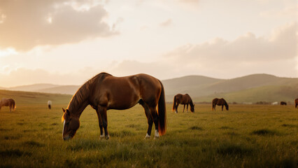 Obraz premium Peaceful horses in a lush green field. The soft sunset light and cloudy sky make this a perfect visual for nature projects