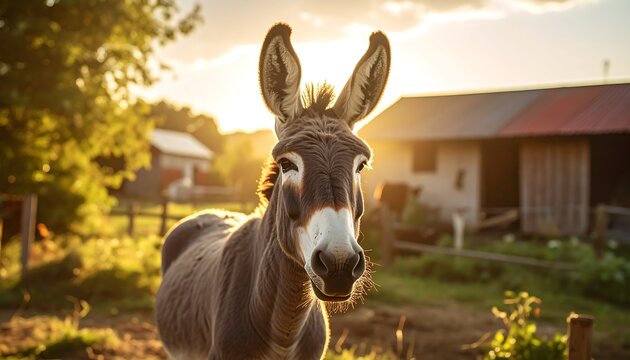 Front view of a gray donkey with long ears, standing in a field with farm buildings in the golden sunset light
