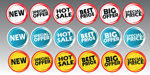 Promotional Sale Sticker Set - New, Special Offer, Hot Sale, Best Price, Big Offer Round Tags Collection Pop Up Vector