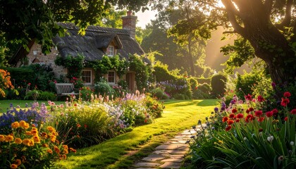 Obraz premium Quaint thatched cottage with a sunlit garden pathway, bursting with colorful flowers and lush greenery