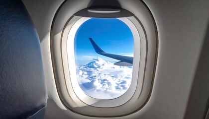 Plane wing and puffy clouds viewed through window. Bright, clear blue sky. Interior window trim and plane seat visible