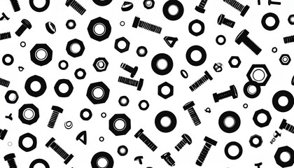 A chaotic yet organized monochrome pattern of industrial fasteners, including bolts, nuts, and screws, on a clean white background