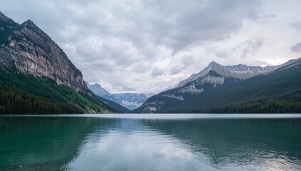 Serene Waterscape with Mountainous Surroundings, Cloudy Sky Reflection on Lake Surface.