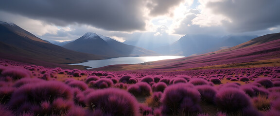 Majestic mountain range with vibrant purple flora and a tranquil lake under dramatic cloudy skies creating a breathtaking natural vista.