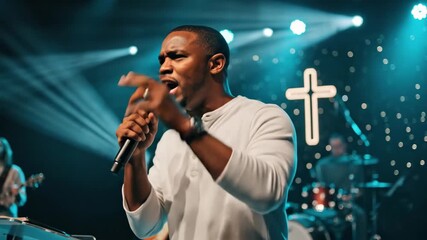 African american man sings from Bible on stage with band, delivering modern christian sermon expression, spirituality footage.
