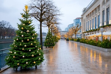 Fototapeta premium Christmas trees illuminating urban wet promenade in winter
