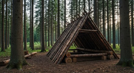 Makeshift shelter of logs in forest. Tall trees surround in peaceful nature