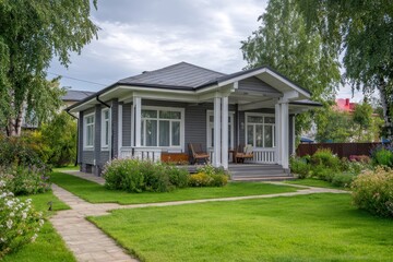 House Exterior. Roof Window. Second floor among blue sky. Mansard attic. Newly build houses. Gable roof with skylight, asphalt roofing, shingles. Residential Home. Vinyl Siding. Polymeric roof-tiles