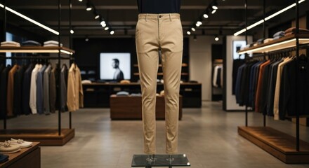 Obraz premium Mannequin showcasing tailored trousers in upscale, well-lit menswear shop