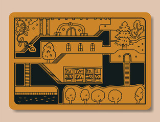 Minimalist vector illustration of an underground dungeon map with rooms, stairs, doors, trees, and secret library. Flat two-tone design in warm earthy colors, perfect for adventure game design, fantas