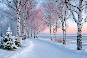 Winter path winding along frozen river with birch trees