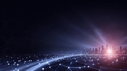 Abstract cityscape with bright lights and a network design depicting connectivity - Powered by Adobe