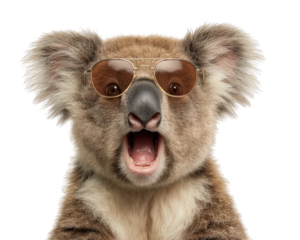 Funny koala wearing sunglasses with surprised and shocked expression. This humorous animal character portrait conveys feeling of amazement and great shock