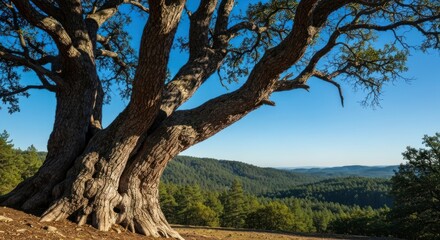 Obraz premium Majestic old tree on hilltop overlooks a valley with rolling hills under blue sky
