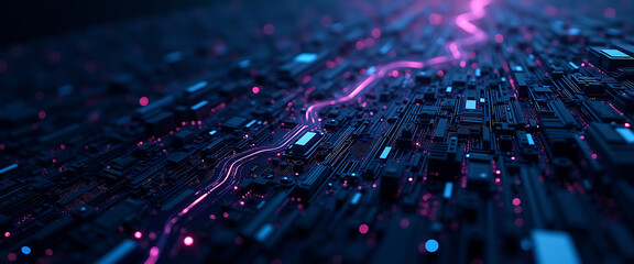 Futuristic Electronic Circuitry and Digital Data Flow with Glowing Blue and Purple Lights