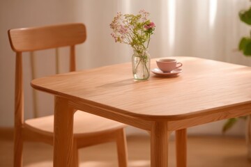 Wooden table and chairs. White room wall. Template. Warm light. Dining furniture set. Home interior. Natural oak wood dining table, vase with flowers and chairs in neutral modern design house.