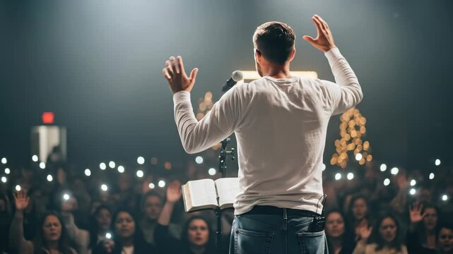 Man preacher speaking at protestant church service in front of people raising illuminated hands, modern christianity worship footage.