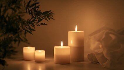 Still Life with Candles, Soft Light and Textured Fabric Serene, Warm Illumination.