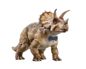 Cute baby triceratops dinosaur wearing funny blue bow tie. This charming prehistoric animal clipart stands proud, looking dapper and adorable on an isolated background