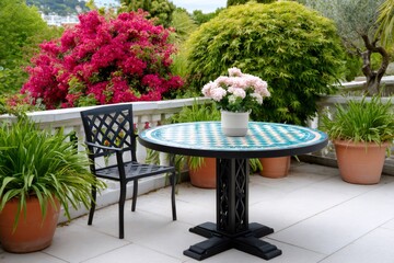 Outdoor patio table and chair with bougainvillea plants