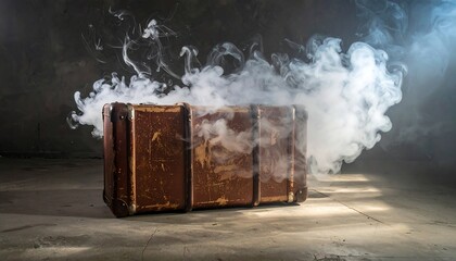 Old, worn brown suitcase emits swirling, white smoke against a dark grey backdrop with a textured surface below