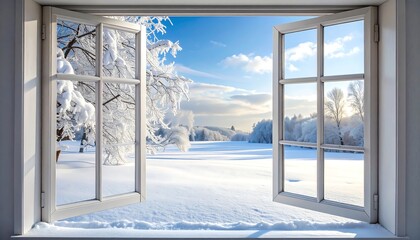 Open window frames a wintery landscape of snow-covered field, trees, and bright blue sky with fluffy clouds