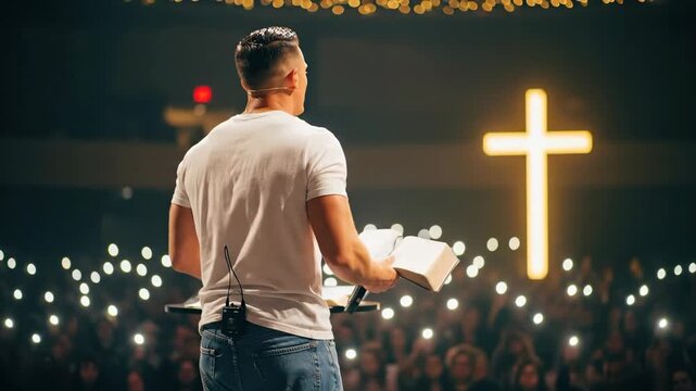 Man delivering a christian sermon with an open bible on stage to an audience, with a glowing christian cross in the background footage.