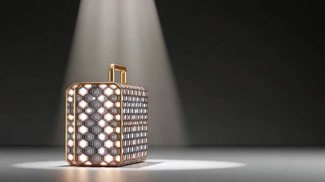 A gold and diamond encrusted briefcase is illuminated by a spotlight on a dark background
