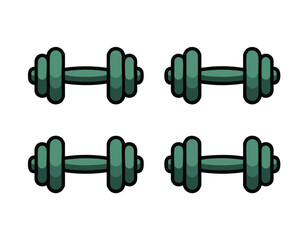 Four green dumbbells in a grid cartoon style with black outlines against a white background