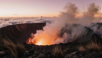 Dramatic Volcanic Eruption at Sunset with Fiery Lava and Smoke.