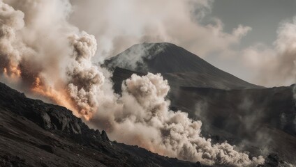 Dramatic Volcanic Eruption with Ash Plumes and Fiery Lava Flow.