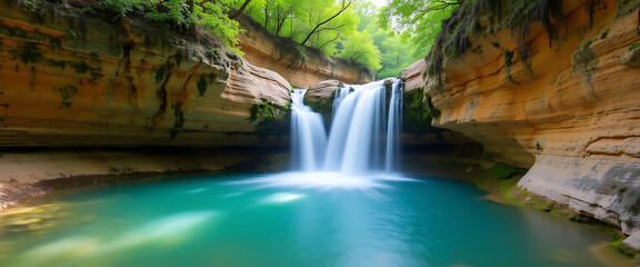 Majestic Waterfall Cascading into a Turquoise Pool Lush Greenery and Natural Beauty in a Serene Landscape