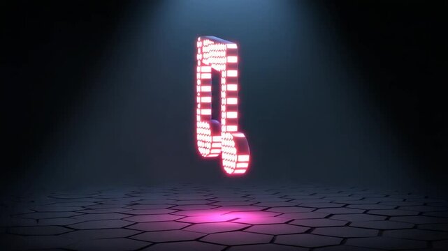 Glowing 3 d music note animation illuminated icon on dark hexagonal floor