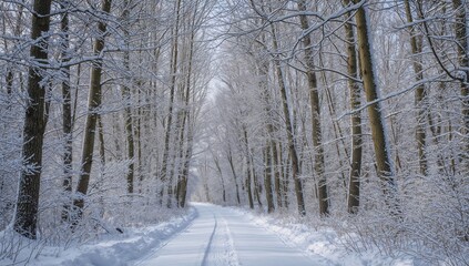 Winters embrace. A pathway through the silent forest, veiled in snows soft blanket.