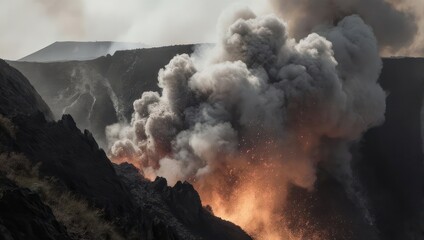 Dramatic volcanic eruption with smoke and fire in a rugged landscape.