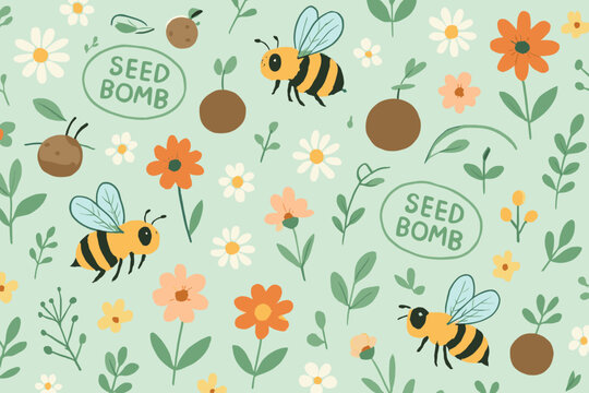 Whimsical seed bomb and bee floral pattern on mint green background