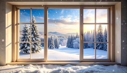 Obraz premium Snowy winter landscape viewed through a window. Snow is inside on the window ledge and falling outside