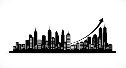Fototapeta premium Black cityscape silhouette with upward trending arrow graph