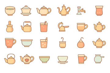 Tea and Beverage Icons Collection – Teapots, Cups & Drinkware on Shelf Display