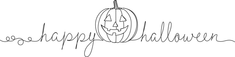 continuous single line drawing of jack-o-lantern halloween pumpkin with text happy halloween, line art vector illustration
