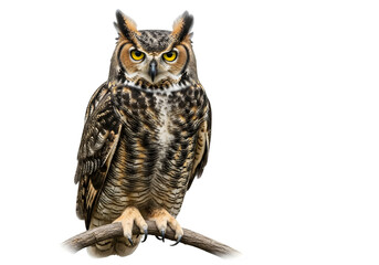 Majestic Great Horned Owl Perched on a Branch Detailed Wildlife Portrait