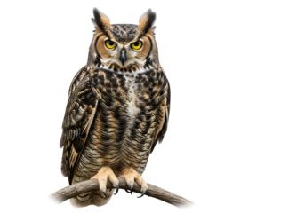 Majestic Great Horned Owl Perched on a Branch Detailed Wildlife Portrait