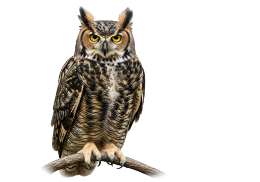 Majestic Great Horned Owl Perched on a Branch Detailed Wildlife Portrait