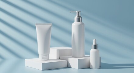 White cosmetic products (tube, pump, dropper bottles) on geometric stands with striped shadows on blue, for a minimalist and clean beauty display