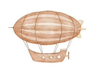 Zeppelin watercolor isolated illustration, neutral colors. Vintage airship, childish brown drawing © Elena