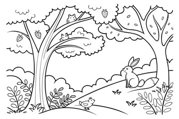A highly detailed whimsical forest with curvy trees, hidden friendly animals (rabbits, foxes, birds), and flowing foliage, line art, coloring book page, crisp black outline, pure white background, no 