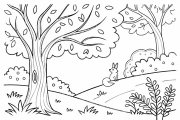 A highly detailed whimsical forest with curvy trees, hidden friendly animals (rabbits, foxes, birds), and flowing foliage, line art, coloring book page, crisp black outline, pure white background, no 